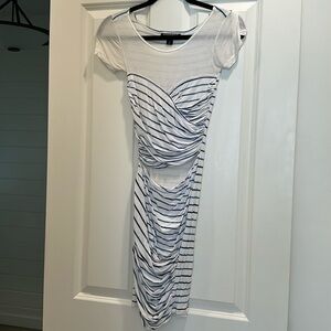 Blue and White Striped Ruched T Shirt Dress